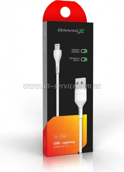 ���� ������ USB 2.0 AM to Lightning 1.0m Cu, 2.1� White Grand-X (PL01W)