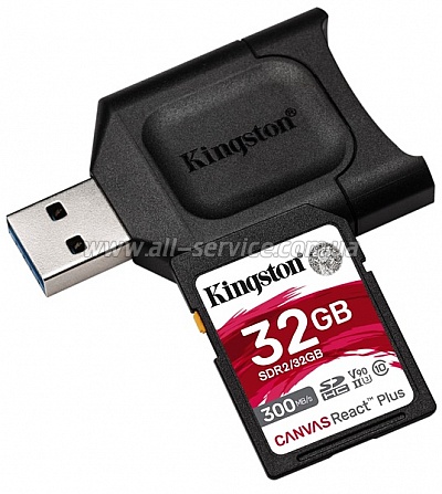   Kingston SDHC 32GB Canvas React Plus Class 10 UHS-II U3 V90 + USB- (MLPR2/32GB)