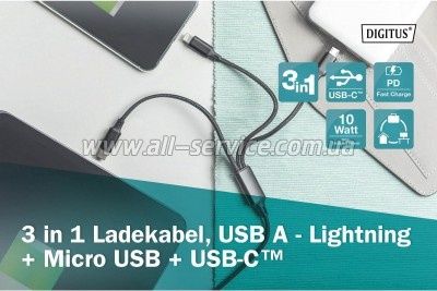 ���� ������ USB 2.0 AM to Lightning + Micro 5P + USB-C 1.0m charge only Digitus (AK-300160-010-S)