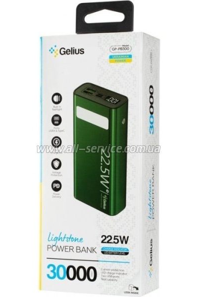   Gelius Lightstone GP-PB300 30000mAh QC+PD (22.5W) Green (00000090465)