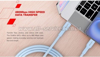 ���� ������ USB-C to USB-C 1.0m OnWire 60CL C-C 60W COLOR Braided 1m Light Blue Canyon (CND-CCAP60AB10LBL)