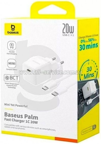 �������� ������� Baseus 1xUSB-C 20W + 1xUSB white + cable USB-C to USB-C 60W 1.0m (P10111608213-01)