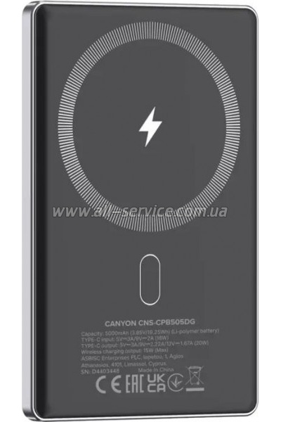   Canyon 5000mAh OnPower 505 slim Magsafe PD/20W Dark Grey (CNS-CPB505DG)