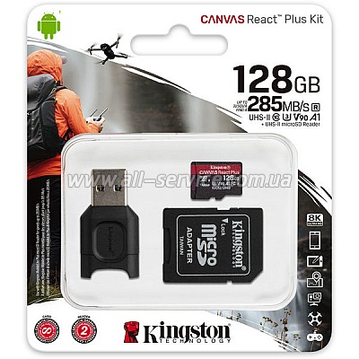 ����� ������ 128GB Kingston microSDXC Class 10 UHS-II U3 V90 A1 Canvas React Plus + SD ������� + USB ��������� (MLPMR2/128GB)