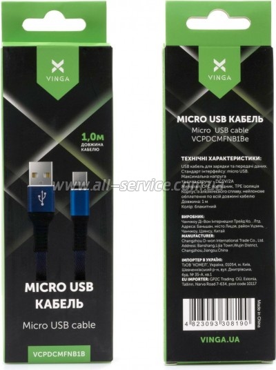 ���� ������ USB 2.0 AM to Micro 5P 1m flat nylon blue Vinga (VCPDCMFNB1B)