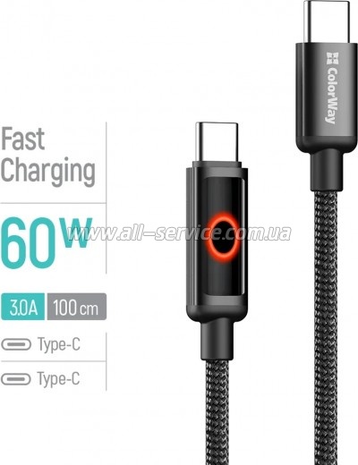 ���� ������ USB-C to USB-C 1.0m 3A PD60W black ColorWay (CW-CBPDCC103-BK)