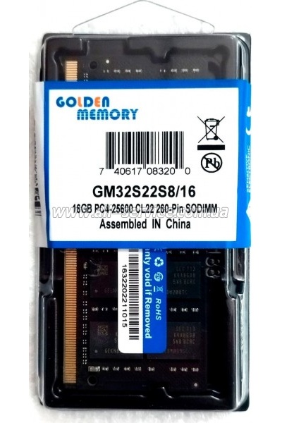 ������ ������ ��� �������� SoDIMM DDR4 16GB 3200 MHz Golden Memory (GM32S22S8/16)