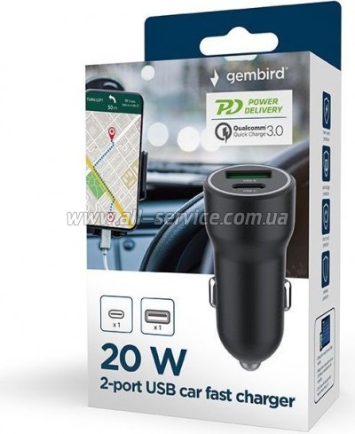 �������� ������� Gembird 1xUSB-A + 1xUSB-C black (TA-UC-A2PDQC20-CAR-01)
