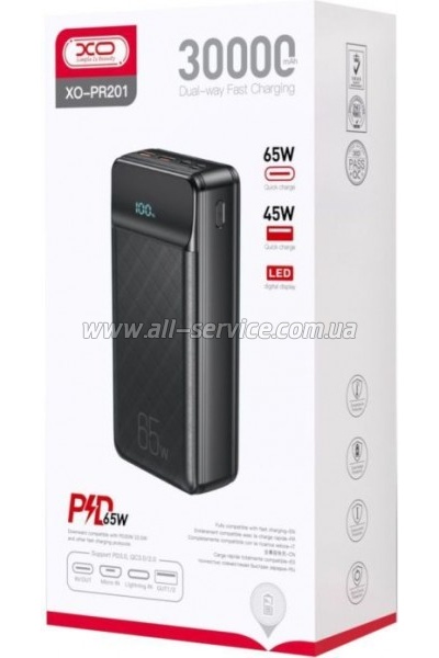   XO 30000mAh, PD/65W for laptop, QC/22.5W, black (PR201_Black)