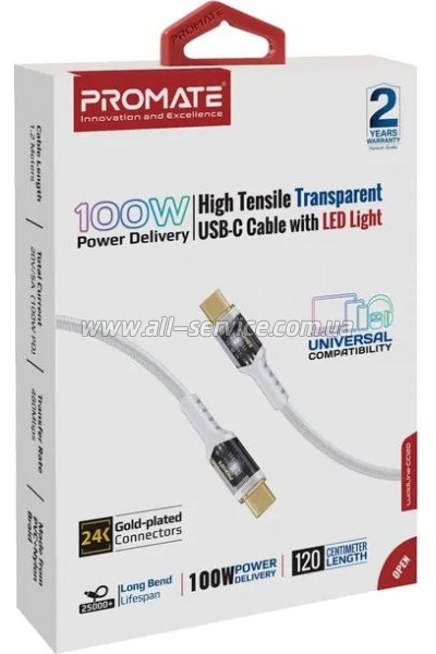 ���� ������ USB-C to USB-C 2.0m Promate (lucidline-cc200.white)