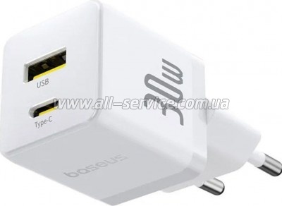 �������� ������� Baseus 1xUSB-C 30W + 1xUSB white (P1011160A213-00)
