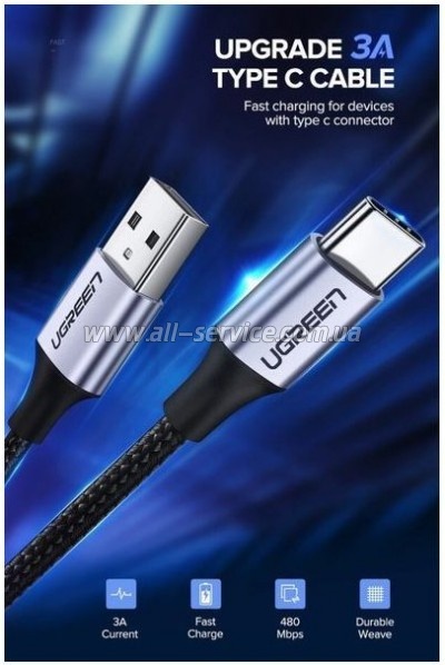 ���� ������ USB 2.0 AM to USB-C 1.5m US288 Aluminum Braid Black Ugreen (60127)