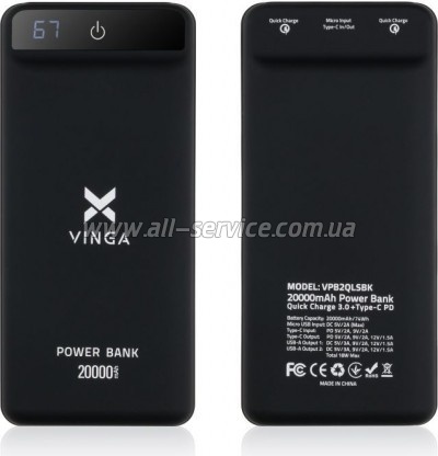   Vinga 20000 mAh QC3.0 Display soft touch black (VPB2QLSBK)