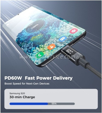 ���� ������ USB-C to USB-C 1.2m PD60W digital display nylon gray Choetech (XCC-1068-GY)