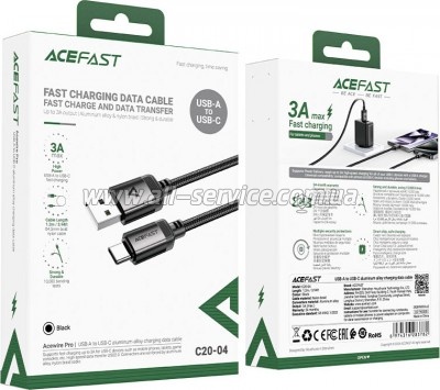 ���� ������ USB 2.0 AM to USB-C 1.2m 3.0A 18W aluminum alloy Black Acefast (6974316283782)