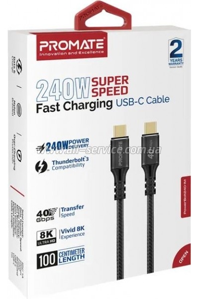 ���� ������ USB-C to USB-C 2.0m Promate (powerbolt240-2m.black)