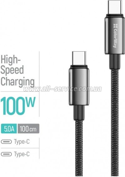 ���� ������ USB-C to USB-C 1.0m 5A 100W zinc alloy braided black ColorWay (CW-CBPDCC098-BK)