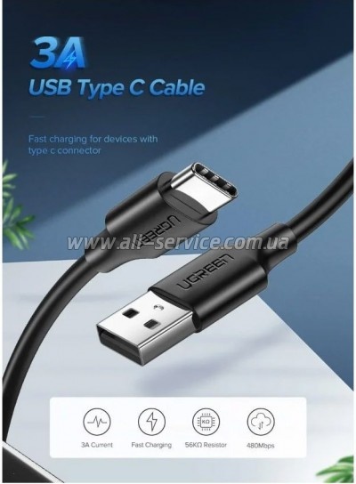 ���� ������ USB 2.0 AM to USB-C 0.5m 3.0A (18W) Nickel Plating US287 Black Ugreen (60115)