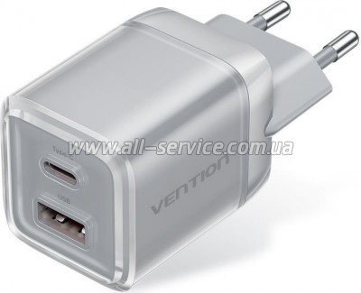 �������� ������� Vention 1xUSB-C PD70W + 1xUSB QC3.0 22.5W GaN transparent gray (FCGH0-EU)
