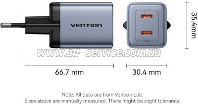 �������� ������� Vention 2xUSB-C PD45W GaN gray (FCDH0-EU)
