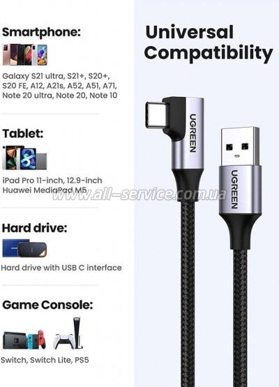 ���� ������ USB 3.0 AM to USB-C 1.0m 60W US385 Black Ugreen (20299)