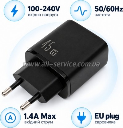 �������� ������� Vinga 2xUSB-C + USB-A Display 45W (VCR45ACCDB)