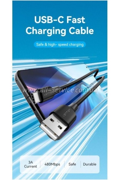 ���� ������ USB 2.0 AM to USB-C 3.0m 3.0A (18W) PVC black VENTION (CTHBI)