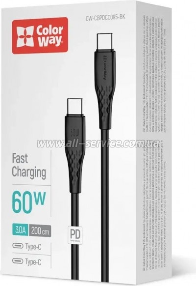 ���� ������ USB-C to USB-C 2.0m 3A 60W textured PVC black ColorWay (CW-CBPDCC095-BK)