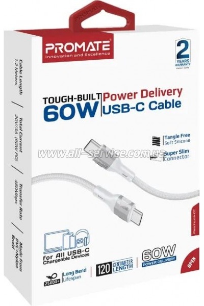 ���� ������ USB-C to USB-C 1.2m 60W PD FletchLink-CC grey Promate (fletchlink-cc.grey)