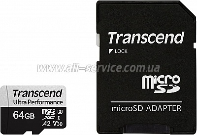   64GB Transcend microSDXC UHS-I U3 V30 A2 + SD  (TS64GUSD340S)