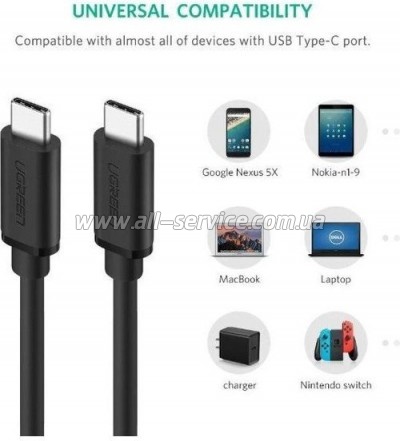 ���� ������ USB-C to USB-C 1.0m US286 3A Black Ugreen (50997)