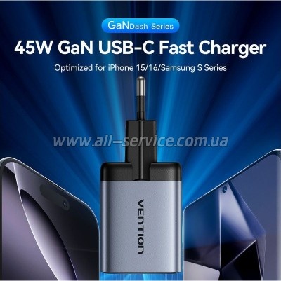 �������� ������� Vention 2xUSB-C PD45W GaN gray (FCFH0-EU)