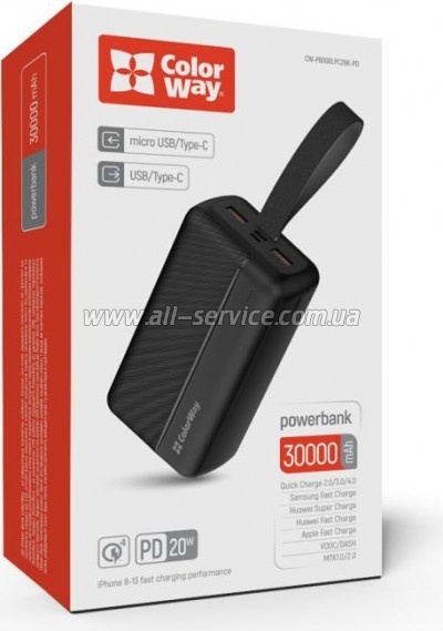   ColorWay 30000 mAh High-power 2 PD/ 20W, QC/ 3.0, USB-C/ Micro-USB (CW-PB300LPC2BK-PD)