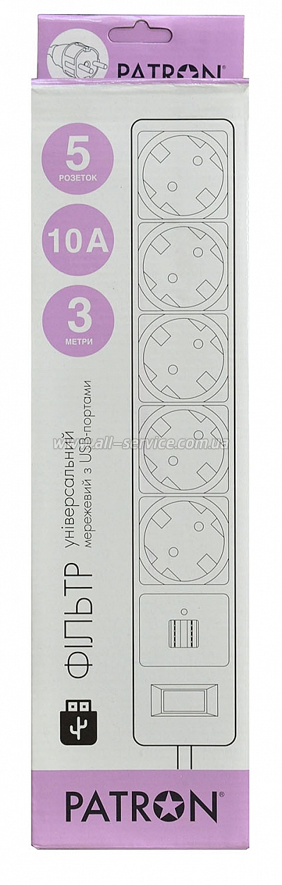 ������� ������ 5 ������� + 2 x USB 2.0 2.1A BLACK 3.0 � (SP-53-USB) PATRON