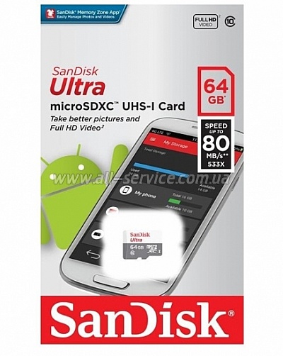   SanDisk 64GB microSDHC C10 UHS-I R100MB/s Ultra (SDSQUNR-064G-GN3MN)