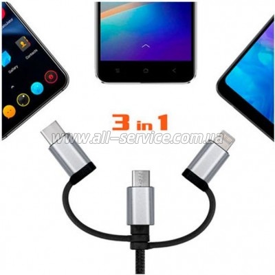 ���� ������ USB 2.0 AM to Lightning + Micro 5P + USB-C 1.0m black REAL-EL (EL123500035)