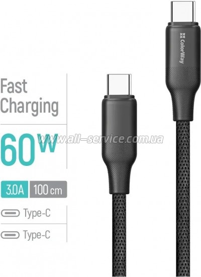 ���� ������ USB-C to USB-C 1.0m 3A 60W TPE embossed black ColorWay (CW-CBPDCC101-BK)