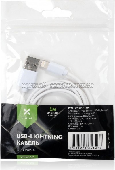 ���� ������ USB 2.0 AM to Lightning PVC 1m white Vinga (VCPDCL1W)