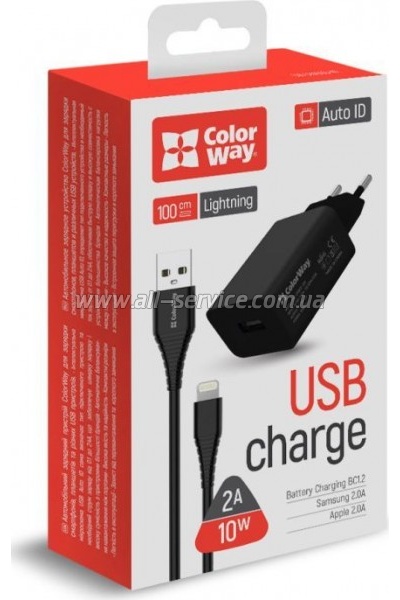   ColorWay 1USB AUTO ID 2A 10W black +  Lightning (CW-CHS012CL-BK)