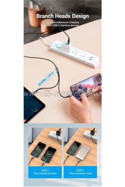 ���� ������ USB 2.0 AM to 2�USB-C M 1.0m 2.4� 480Mbps Aluminum Vention (CQOHF)