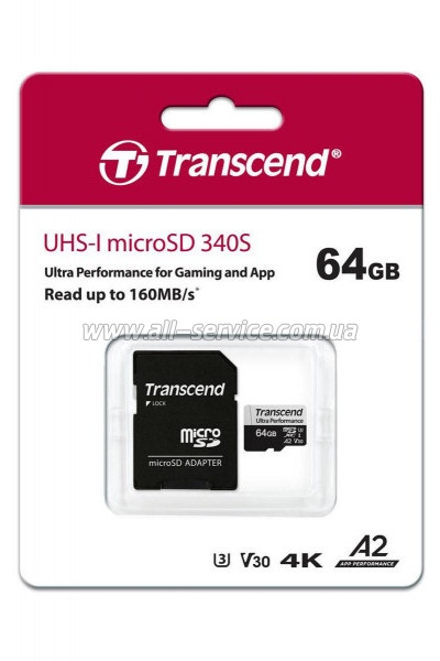   64GB Transcend microSDXC UHS-I U3 V30 A2 + SD  (TS64GUSD340S)