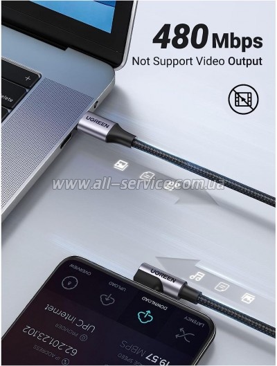 ���� ������ USB-C to USB-C 0.5m 3A 60W 90� corner US255 black/ gray Ugreen (50122)