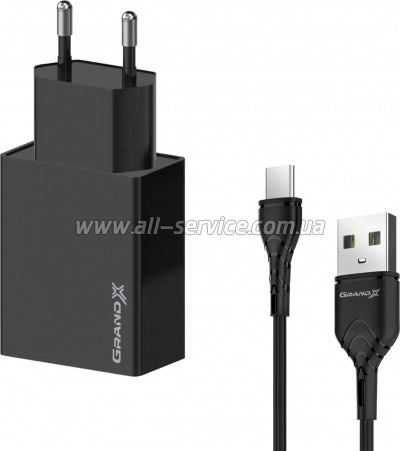 �������� ������� Grand-X 2xUSB 5V 2.4A + cable USB to USB-C black (CH-15T)