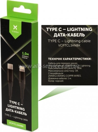 ���� ������ USB Type-C to Lightning 1.0m 3A 22W nylon braided black Vinga (VCPTCL3ANBK)