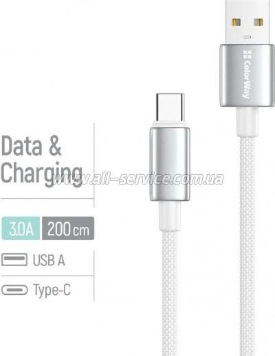 ���� ������ USB 2.0 AM to USB-C 2.0m 3A zinc alloy braided white ColorWay (CW-CBUC099-WT)