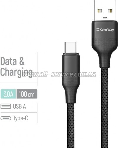 ���� ������ USB 2.0 AM to USB-C 1.0m 3A TPE embossed black ColorWay (CW-CBUC101-BK)