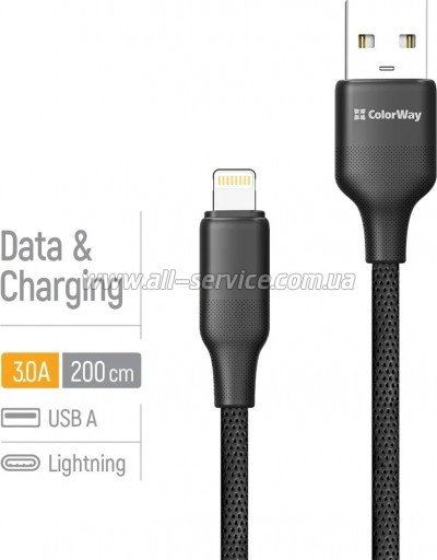 ���� ������ USB 2.0 AM to Lightning 2.0m 3A TPE embossed black ColorWay (CW-CBUL102-BK)