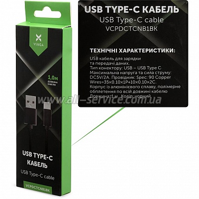   USB 2.0 AM to Type-C 1m nylon black Vinga (VCPDCTCNB1BK)