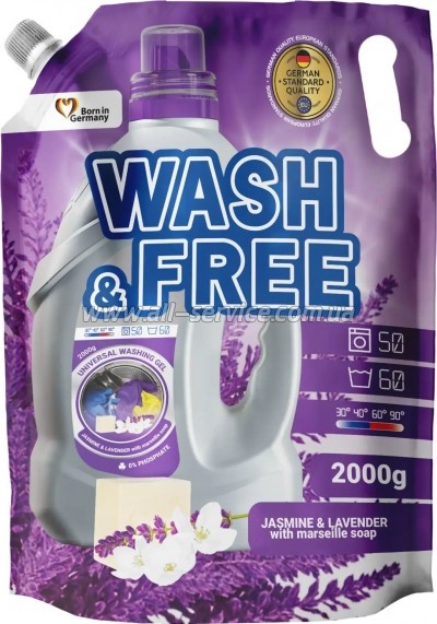 Гель для стирки Wash&Free Жасмин и Лаванда с Марсельским мылом 2 кг (4262396141873) Гель для стирки Wash&Free Жасмин и Лаванда с Марсельским мылом 2 кг (4262396141873)