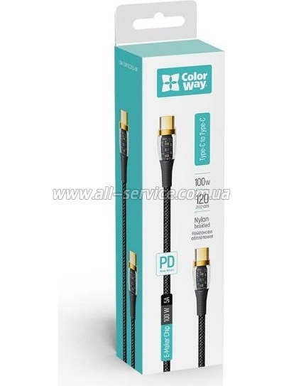   ColorWay USB-C to USB-C 1.2m 5A 100W transparent head (CW-CBPDCC053-BK)